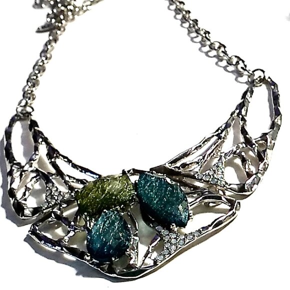 Halston Statement Collar Necklace Acrylic Stones Silver-tone Panels-Chain NWOT - Picture 1 of 13